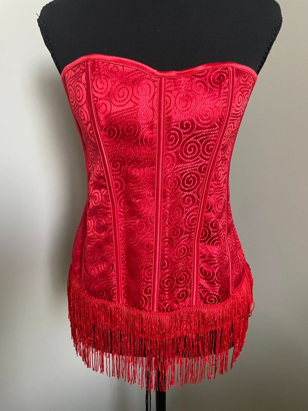 Red Embossed Corset with Fringe – Boned & Lace‑Up
